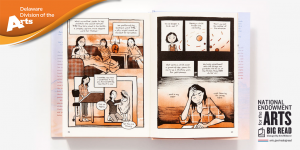 An image of an illustrated book with the logo of the national endowment for the arts' big read grant program