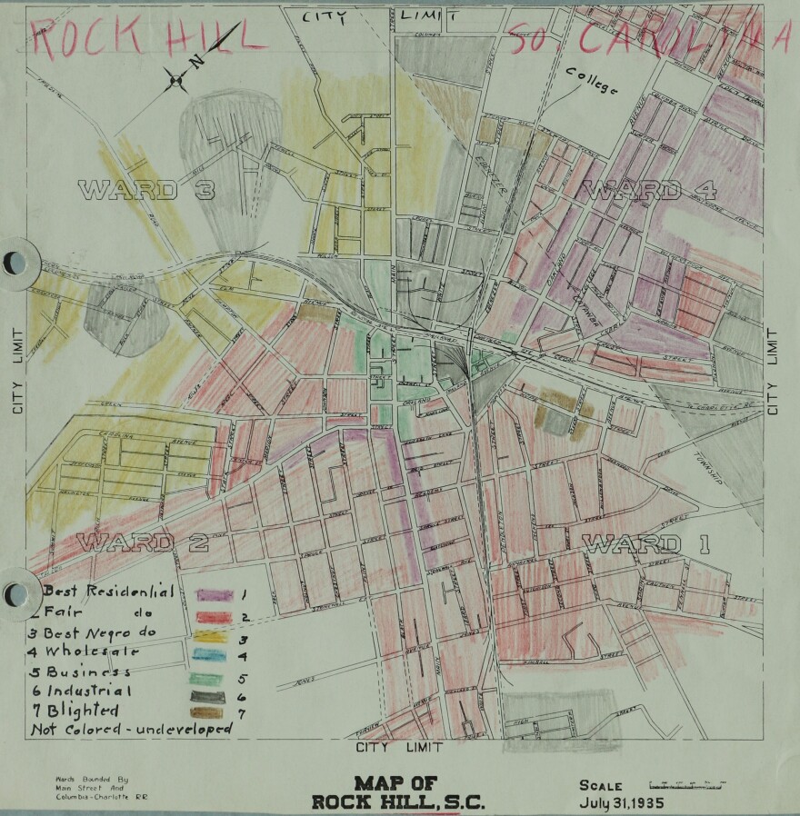  A 1935 map of Rock Hill, provided by the University of Richmond. Many of the street names are different today, but the ripples of neighborhood segregation are still rolling through South Side.