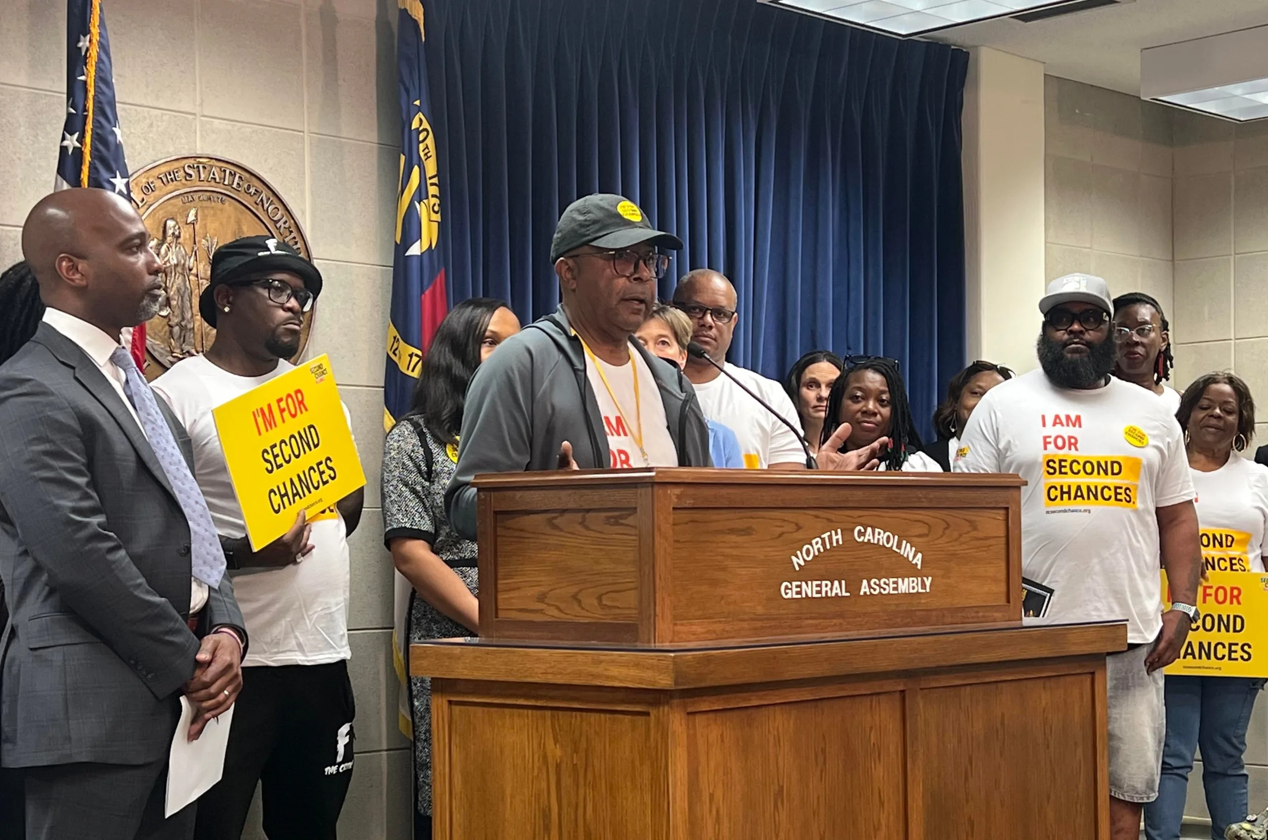 Dennis Gaddy speaking at Second Chance Lobby Day in the North Carolina State Legislative Building.