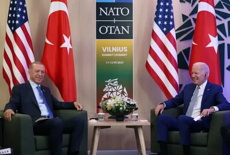 Turkish President Tayyip Erdogan meets with US President Joe Biden during a NATO leaders summit in Vilnius, Lithuania.