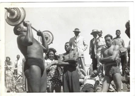 John “Johnnie” Rucker and friends at the beach near Bay Street, Santa Monica, participating in the Black bodybuilding culture of the era, circa 1945–50