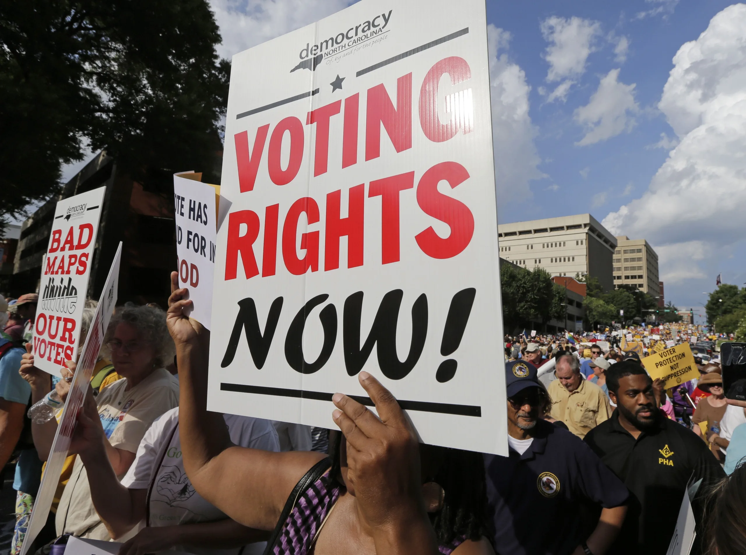 Protesters demonstrating against Republican-drawn political maps in North Carolina.