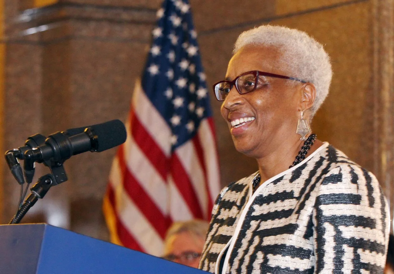 Now former Associate Justice of the Massachusetts Supreme Judicial Court Geraldine S. Hines speaks during her swearing-in ceremony at the John Adams Courthouse, Thursday, July 31, 2014. Staff photo by Angela Rowlings.