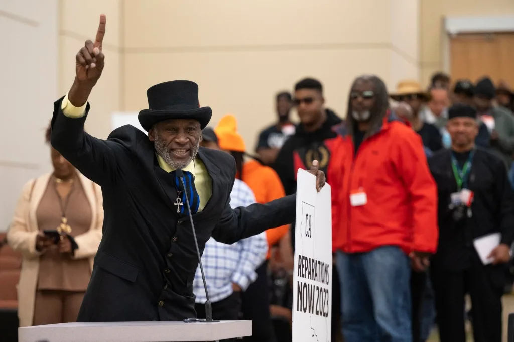 Morris Griffin, of Los Angeles, speaks during the public comment portion of the Reparations Task Force meeting in Sacramento, Calif., on March 3, 2023.