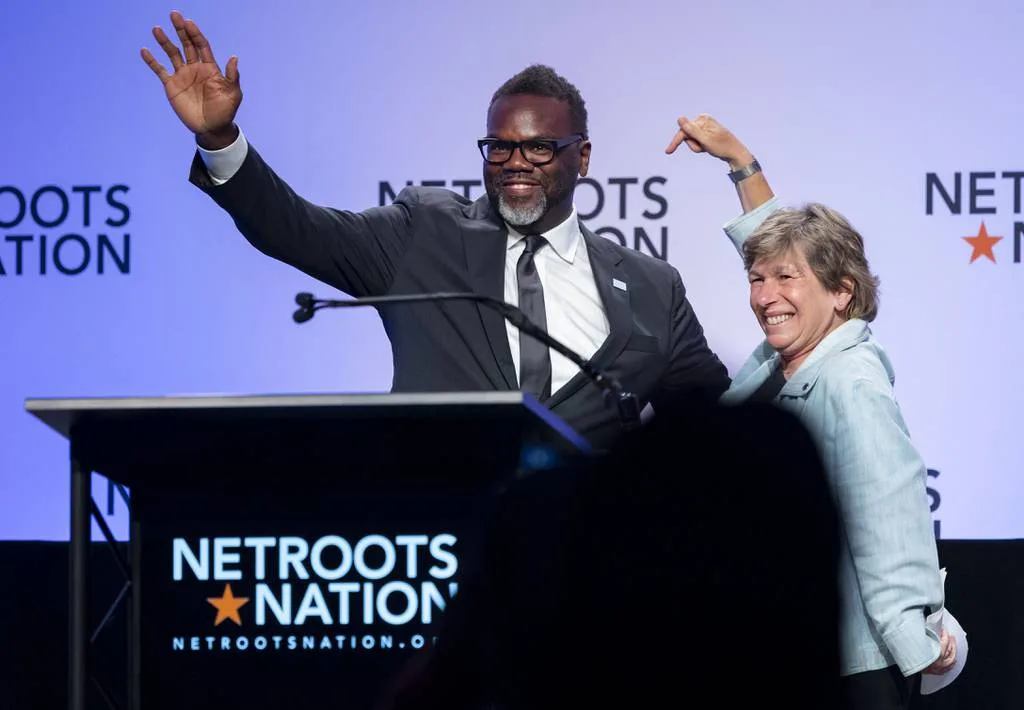 Mayor Brandon Johnson appears with Randi Weingarten, president of the American Federation of Teachers, on July 13, 2023, during the Netroots Nation progressive conference at the Hilton Chicago.