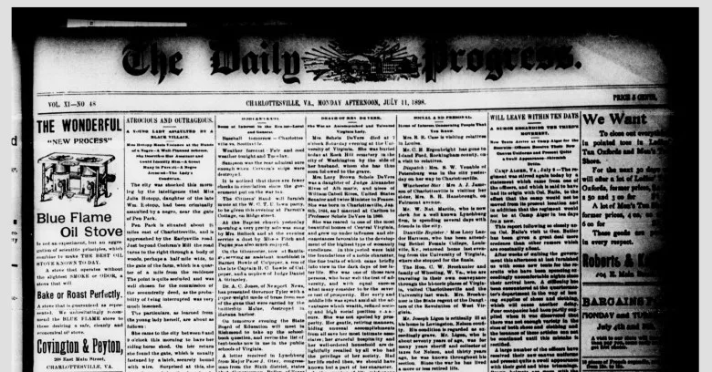 A portion of the front page of an old newspaper, with seven columns left to right. The first column includes an advertisement for an oil stove, whereas the rest are text-heavy with stories.