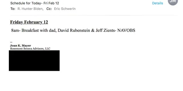 Hunter Biden's former business partner Joan Mayer sends him his schedule on Feb. 12. The schedule includes a meeting with his father then-Vice President Joe Biden, Jeff Zients and David Rubenstein.