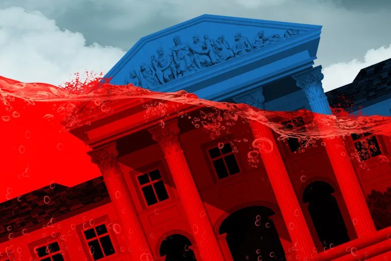 A state supreme court building is sinking as it is being washed under a sea of red.