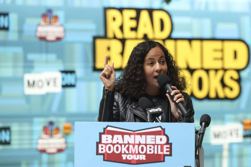 MoveOn Executive Director Rahna Epting speaks during the MoveOn “Banned Bookmobile” Tour stop outside of Sandmeyer’s Bookstore in the South Loop on July 13, 2023.
