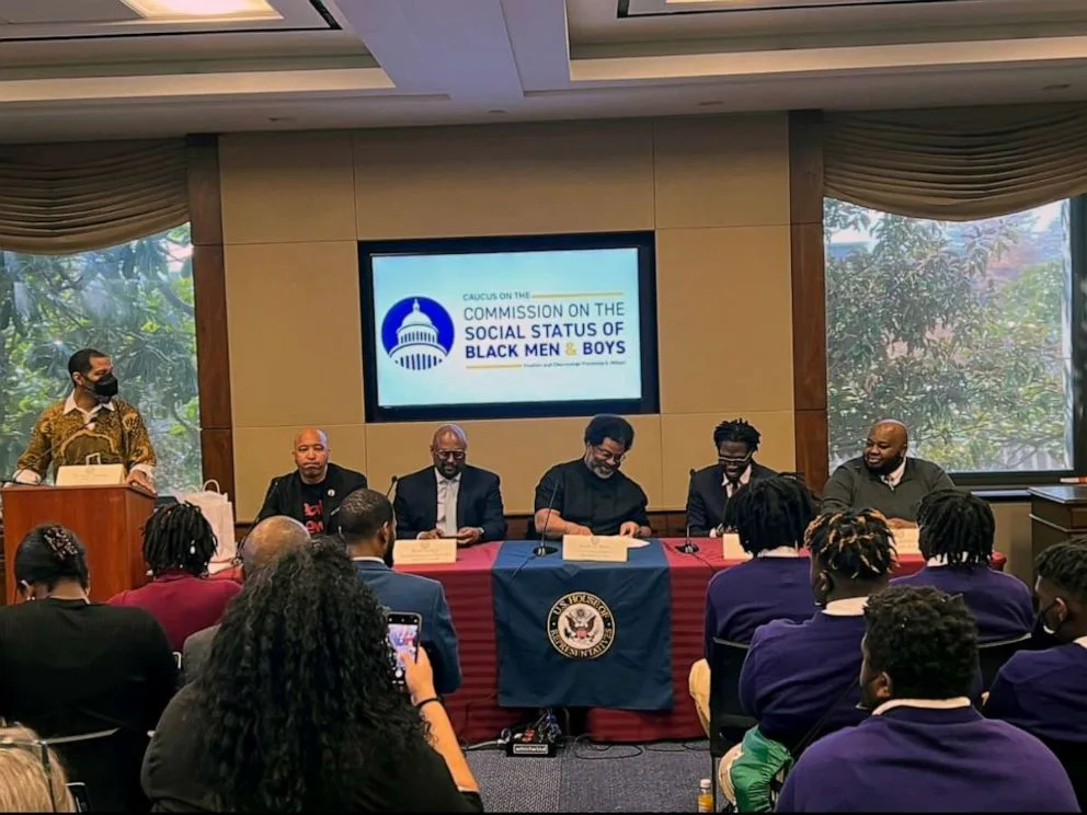 PHOTO: Dr. Ayize Sabater moderates a congressional briefing on Black Men & Boys in Education with panelists Curtis Valentine, Rictor Craig, Sharif El-Mekki, Dr. Travis J. Bristol, and Rodney Robinson.