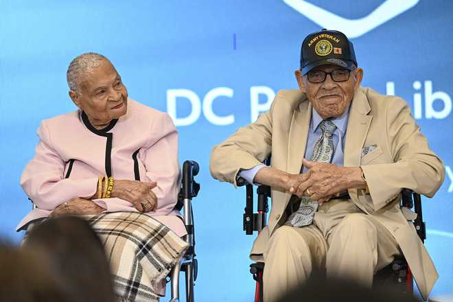 109-year-old survivor of the Tulsa Race massacre Viola Fletcher (L) and Hughes Van Ellis (R) is 102 years old, is a survivor of the Massacre and brother of Mother Viola Fletcher speaks about their memoir in Washington D.C., United States on June 18, 2023. Juneteenth is a federal holiday in the US commemorating the emancipation of enslaved African Americans.