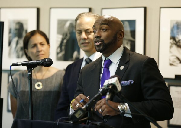 FILE - Damario Solomon-Simmons speaks at a news conference, June 2, 2021, in Tulsa, Okla. The state of Oklahoma says it is unwilling to participate in settlement discussions with survivors who are seeking reparations for the 1921 Tulsa Race Massacre and that a Tulsa County judge properly dismissed the case in July 2023. The Oklahoma attorney general's litigation division filed its response Monday, Aug. 14, with the Oklahoma Supreme Court. “It’s no surprise that the state, which took part in a lawless massacre of American citizens, has refused to settle,