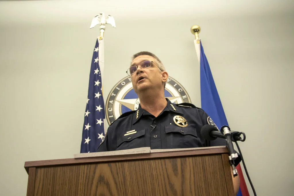 Denver Sheriff Patrick Firman addresses the press after an incident at the Denver Downtown Detention Center, Aug. 1, 2018. (Kevin J. Beaty/Denverite)