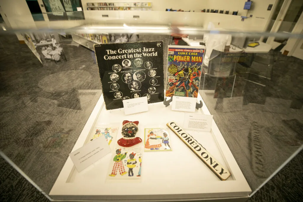 Personal collections brought in by the Blair-Caldwell African American Research Library's staff are on display in the library's main area. Aug. 10, 2023.