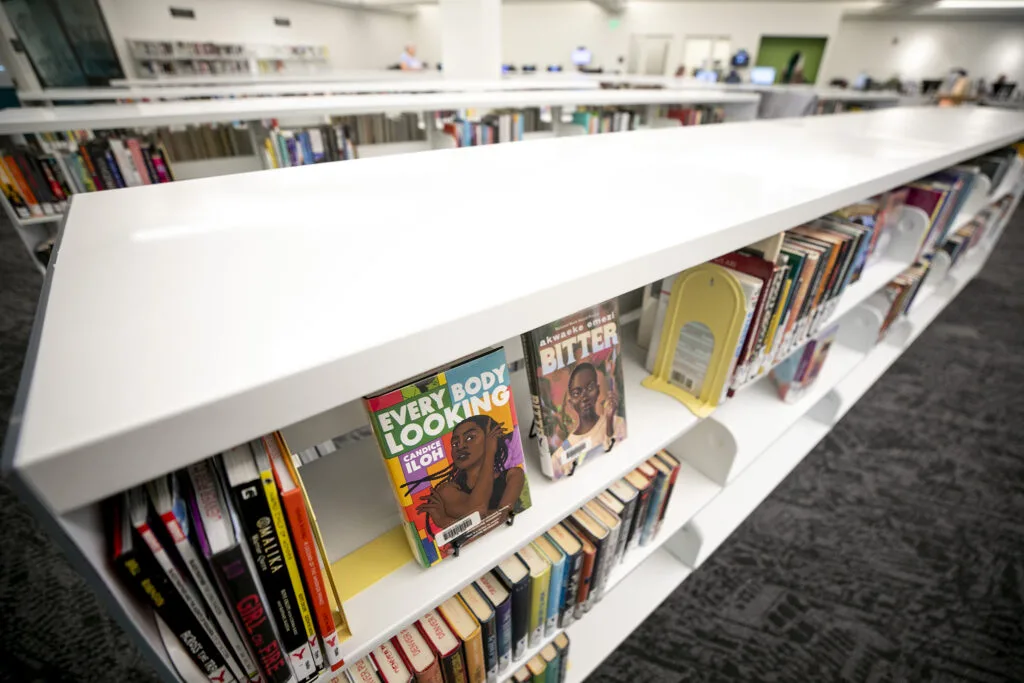 Books by and about Black people are face the main room of Five Points' Blair-Caldwell African American Research Library, after things were reconfigured and renovated. Aug. 10, 2023.