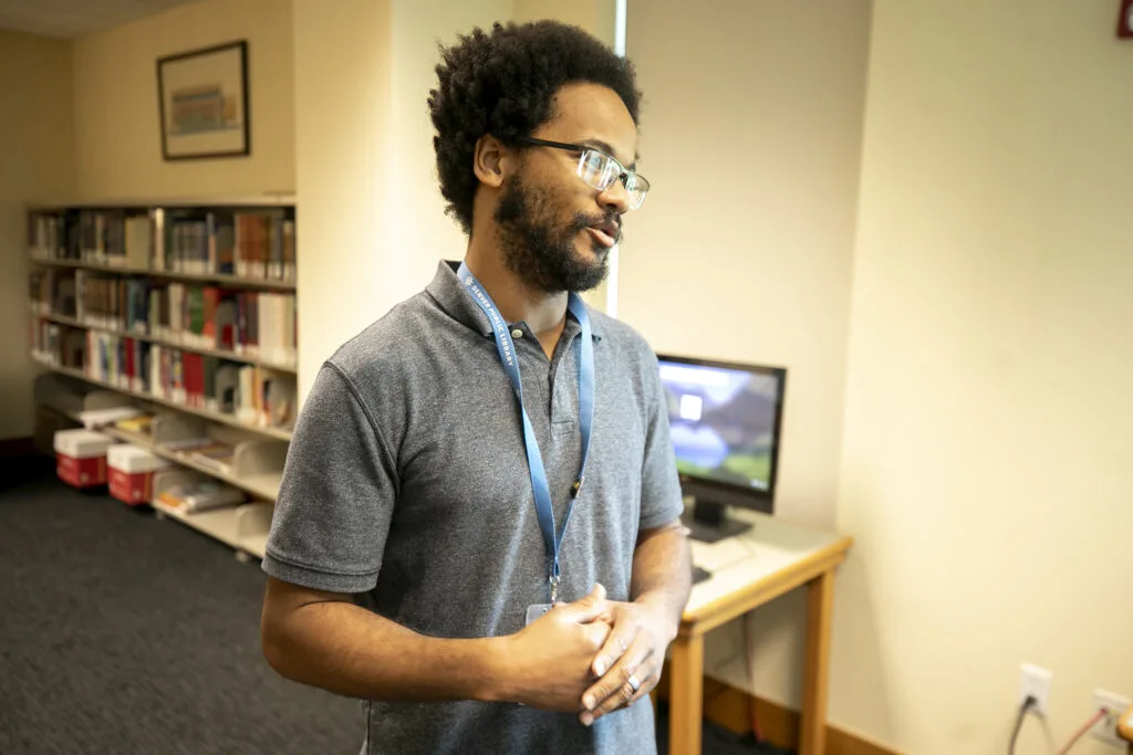 Dexter Nelson II, museum and  archives supervisor for the Blair-Caldwell African American Research Library. Aug. 10, 2023.