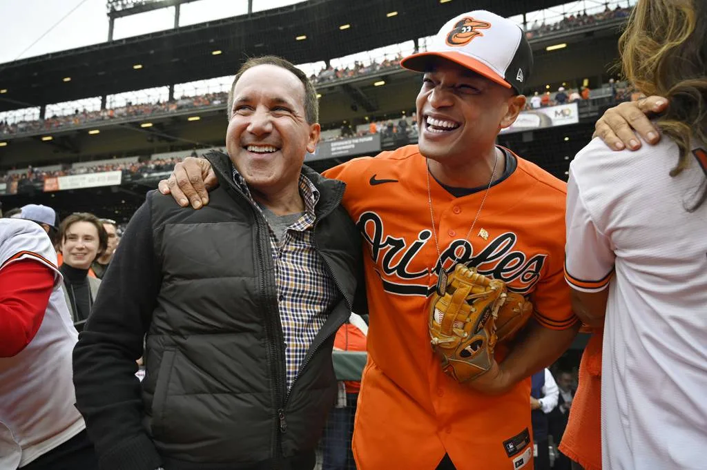 Gov. Wes Moore, right, with Orioles chairman and CEO John Angelos at 2023 season home opening day at Oriole Park at Camden Yards April 7, 2023. 
