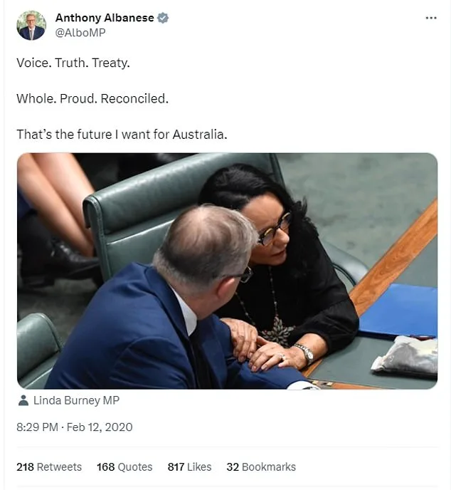 Pictured: Mr Albanese shared this Tweet in February 2020, describing Voice, Truth, Treaty as his vision for the future of Australia