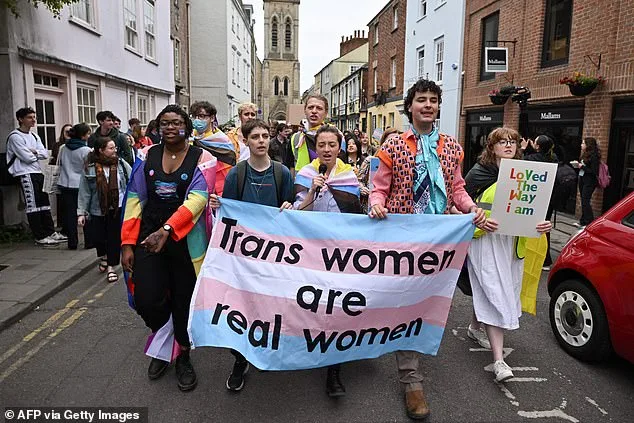 Members of the Oxford University LGBTQ+ Society, Amiad Haran Diman, holding a banner during transgender protests in May