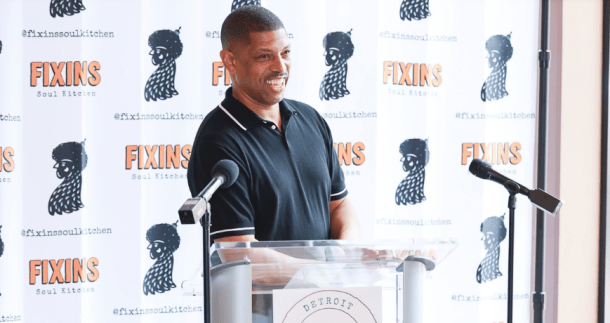 Former Sacramento Mayor, NBA star, and owner of Fixins Soul Kitchen, Kevin Johnson, greets local business leaders and Detroit residents during an Aug. 2, 2023 press conference announcing the new location of his fourth restaurant in Detroit's Paradise Valley neighborhood. Nicole Ashley Allen, Courtesy Photo
