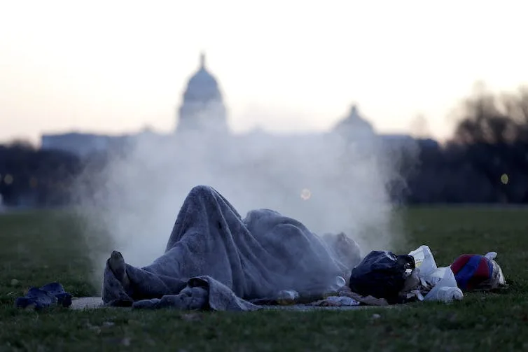 An ornate domed building is seen behind a homeless person lying on a steam vent in a grassy area.