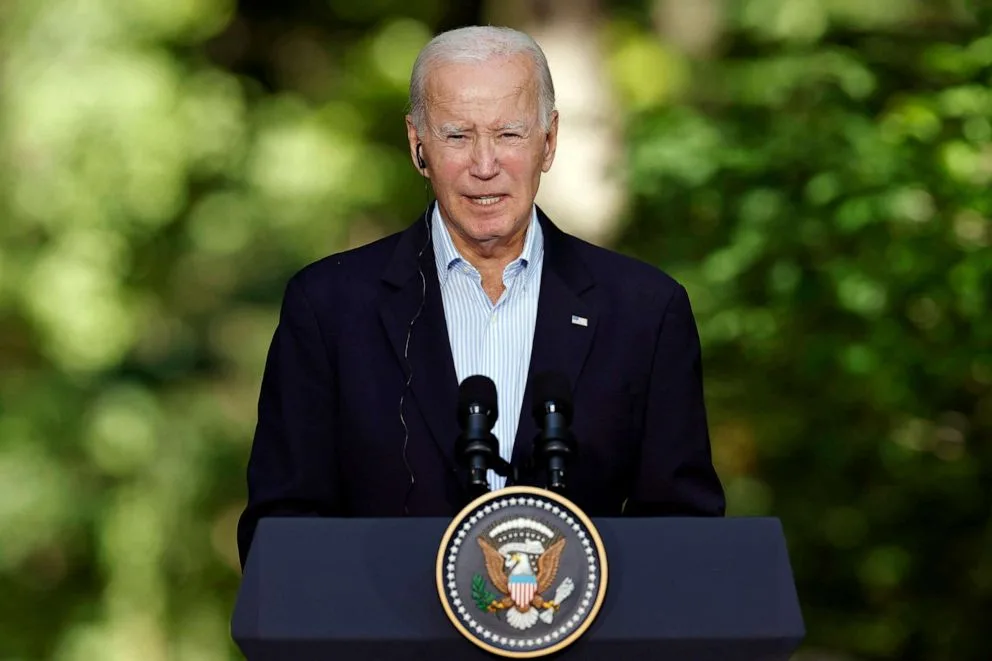 PHOTO: President Joe Biden delivers remarks at Camp David, Aug. 18, 2023 in Camp David, Md.