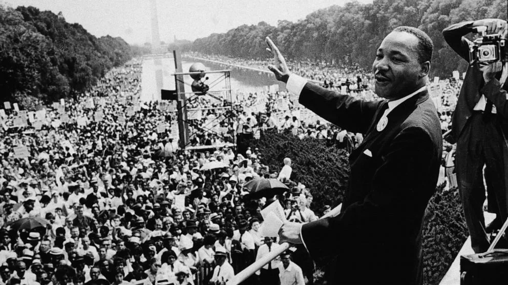 PHOTO: American Religious and Civil Rights leader Dr. Martin Luther King Jr. addresses a crowd at the March On Washington, Aug. 28, 1963, in Washington.