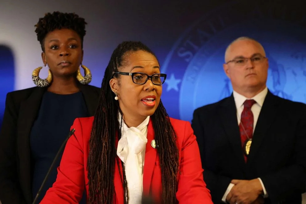 PHOTO: State Attorney Monique H. Worrell, center, holds a press conference, March 9, 2023, in Orlando, Fla.