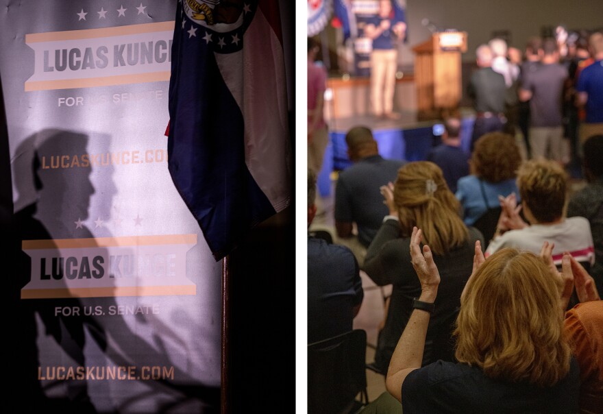 A diptych of two vertical images. The left image is of a Lucas Kunce campaign poster, onto which a man's shadow is projected by a powerful purple-white light. The right image is of a crowd, seen from the back, with the focus on one woman's hands as she claps. 