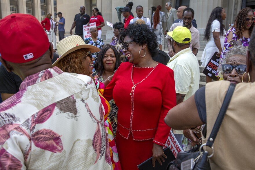 State Sen. Karla May, D-St. Louis, greets and hugs supporters who showed up for the announcement of her U.S. Senate bid on Tuesday, July 11, 2023 outside the Civil Courts Building in St. Louis.