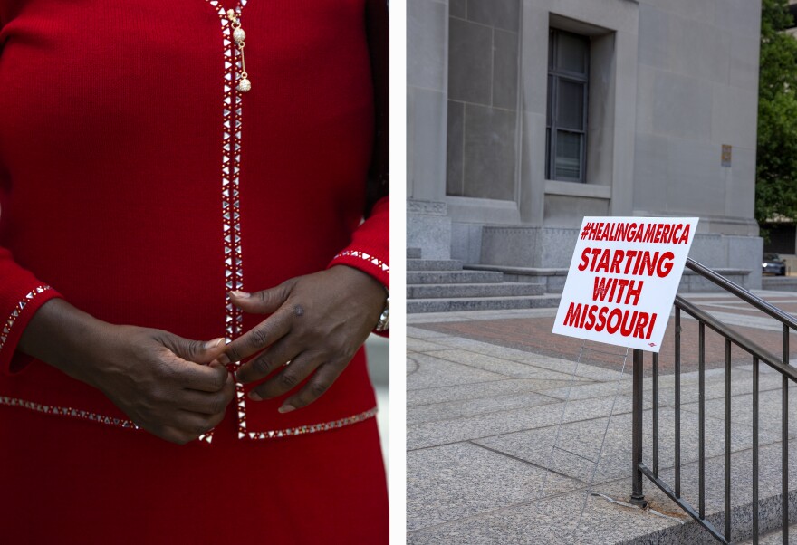 LEFT: The hands of State Sen. Karla May, D-St. Louis, after she announced her bid for the 2024 U.S. Senate race on Tuesday, July 11, 2023 outside the Civil Courts Building in St. Louis. RIGHT: A Karla May campaign sing, reading “#HealingAmerica Starting with Missouri,” is leaned against a handrail on Tuesday, July 11, 2023 outside the Civil Courts Building in St. Louis. 