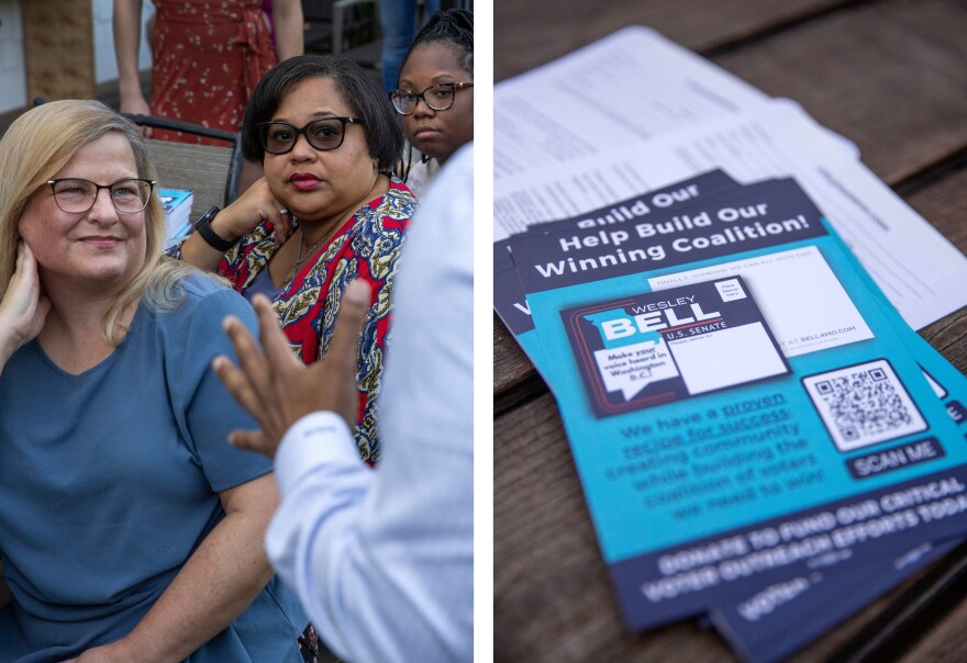 LEFT: Jennifer Slavic Lohman, Creve Cour Councilwoman Nicole Greer and Tamar Hodges look up at St. Louis County prosecutor and Democratic candidate for the 2024 Senate race Wesley Bell as he speaks during a fundraising event on Monday, Sept. 18, 2023, at a volunteer’s home in Glendale, Mo. RIGHT: Cards encouraging people to donate to Bell’s campaign are laid out on a table. 