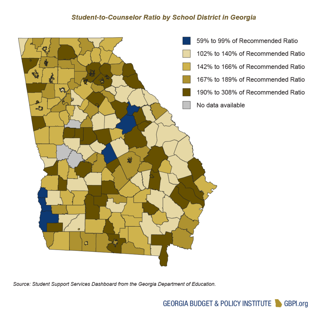 Map of Georgia schools districts showing student to counselor ratio