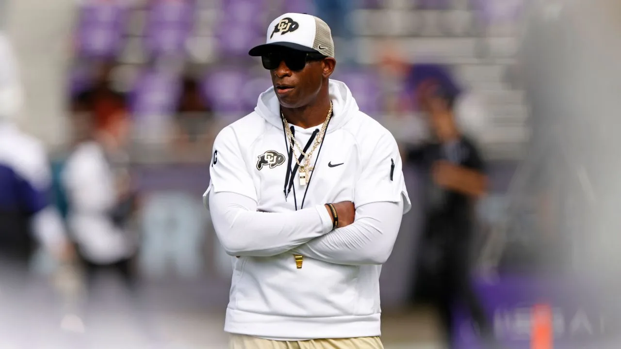 FORT WORTH, TX - SEPTEMBER 2: Head coach Deion Sanders of the Colorado Buffaloes walks the field before the game between the TCU Horned Frogs and the Colorado Buffaloes at Amon G. Carter Stadium on September 2, 2023 in Fort Worth, Texas. (Photo by Ron Jenkins/Getty Images)