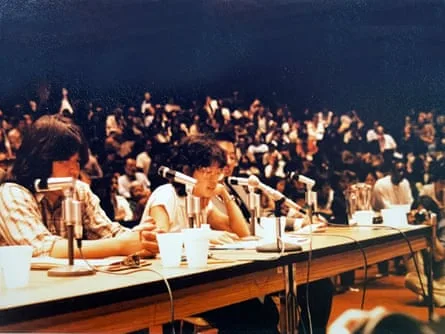 June Hibino testifying at an August 1981 commission hearing at Golden Gate College in San Francisco.