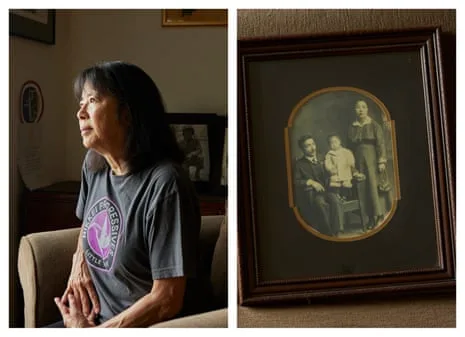 June Hibino in her home and a family photo.