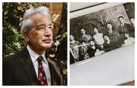 left: portrait of tamaki today. right: family photo in black and white