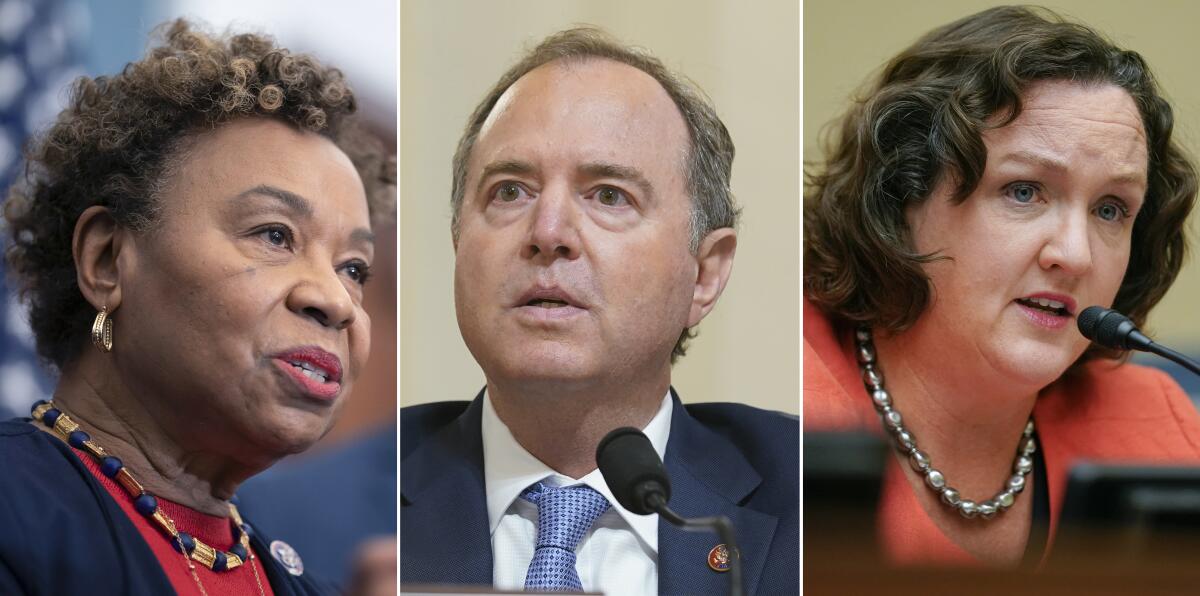 Portraits of Reps. Barbara Lee, Adam Schiff and Katie Porter