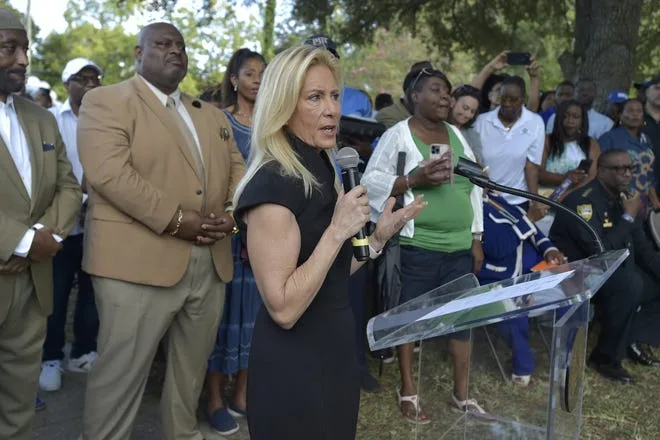 Jacksonville Mayor Donna Deegan addresses the audience at the Aug. 27, 2023 prayer vigil in honor of the victims of the Dollar General mass murder and calls for change.