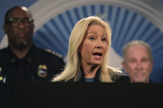 Mayor Donna Deegan speaks at a press conference at the Emergency Operations Center on Aug. 28, 2023 in downtown Jacksonville, Fla. A state of emergency had been declared as tropical system Idalia nears the state of Florida panhandle region.