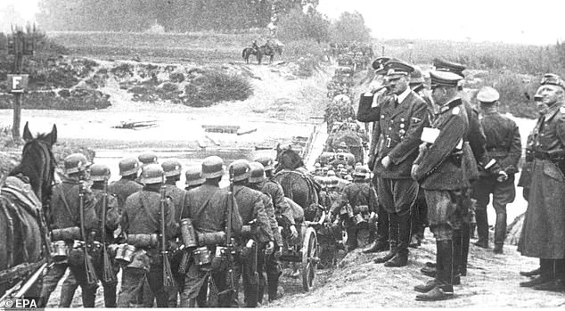 Adolf Hitler's troops broke through Polish border crossings and launched naval, air and ground attacks on the Westerplatte peninsula in the Bay of Danzig. Above: Hitler observes German troops crossing the Vistula River, near Chelmno, northern Poland, in September 1939