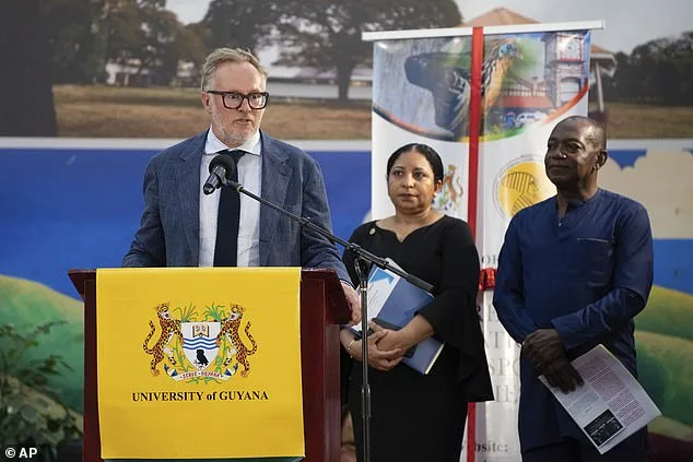 Charles Gladstone, a descendant of former plantation owner John Gladstone, delivers an apology on behalf of the Gladstone family at Georgetown University in Georgetown, Guyana, on August 25