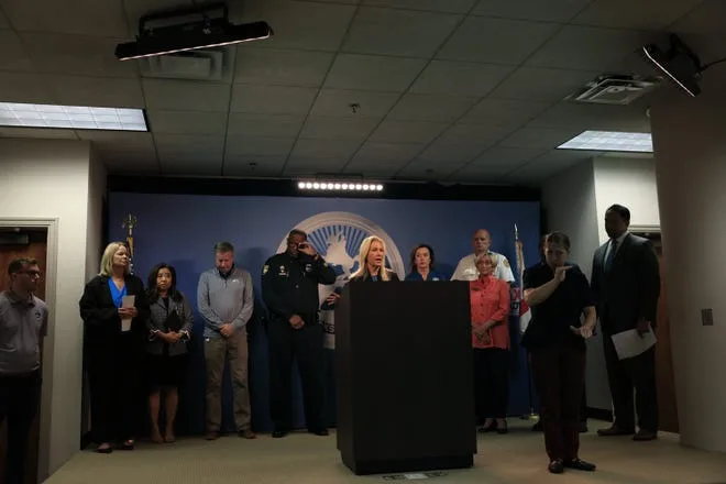 Mayor Donna Deegan speaks at a press conference at the Emergency Operations Center Monday, Aug. 28, 2023 in downtown Jacksonville, Fla. A state of emergency has been declared as tropical system Idalia nears the state of Florida panhandle region. [Corey Perrine/Florida Times-Union]