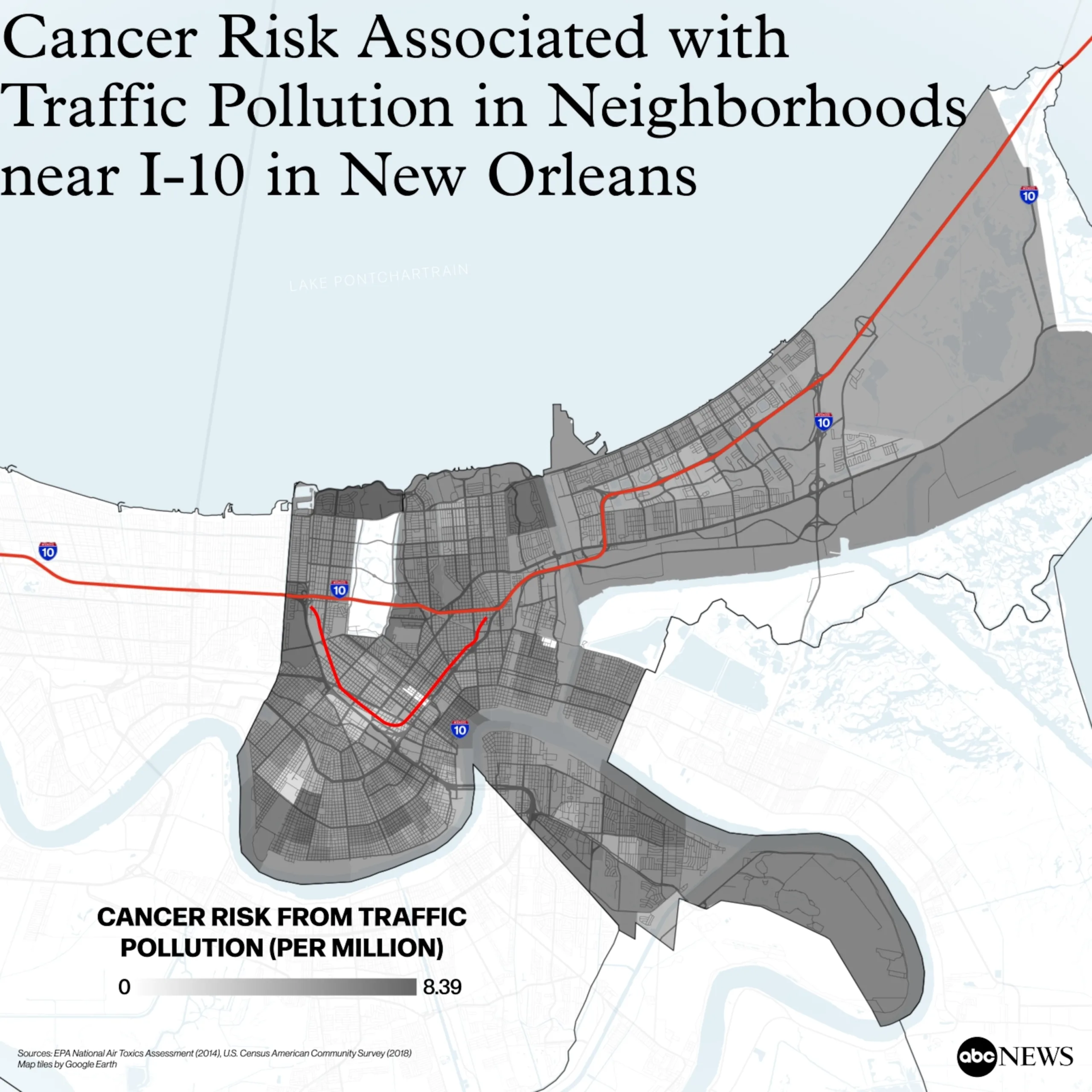 PHOTO: Cancer risk associated with traffic pollution in neighborhoods near I-10 in New Orleans