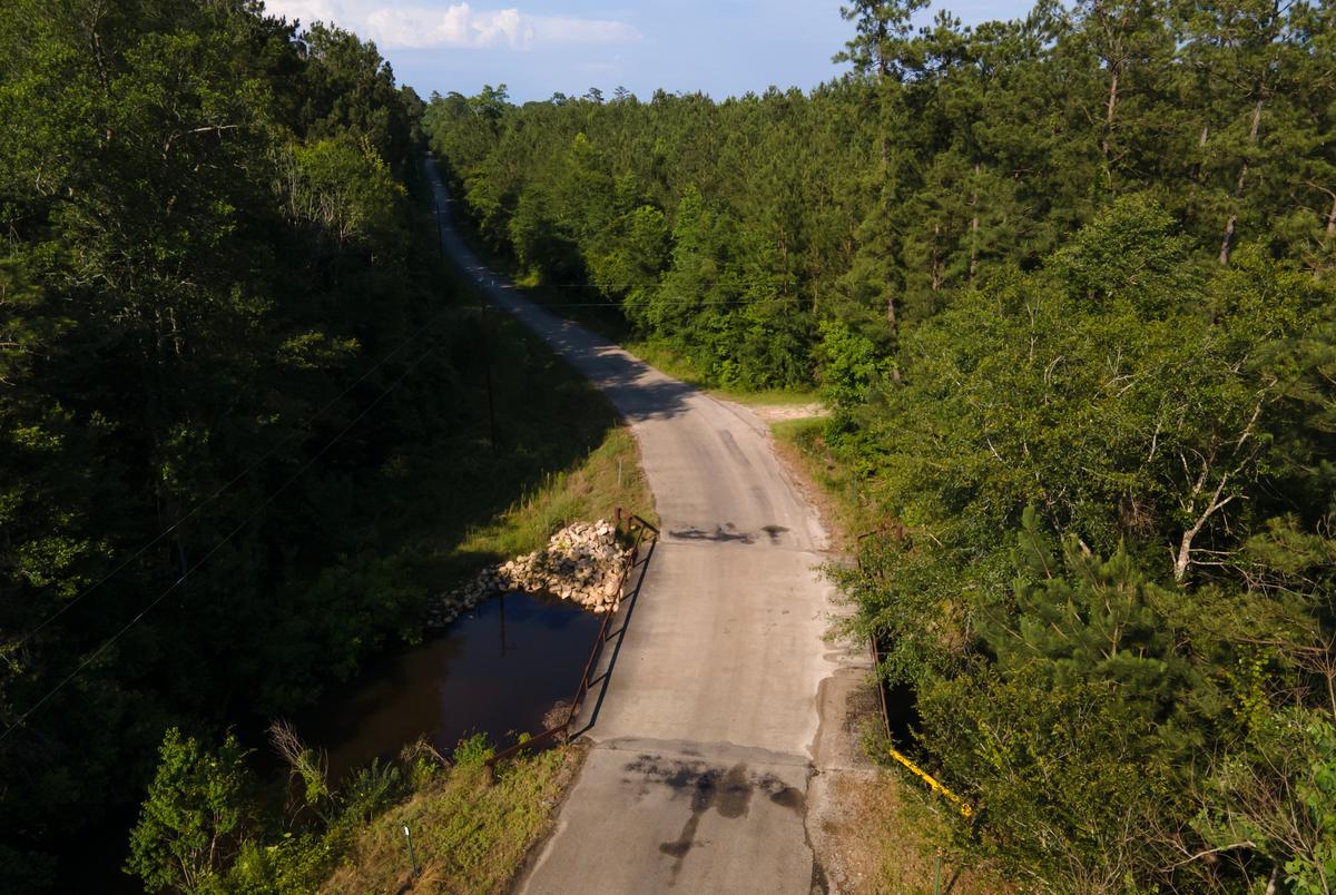 Jasper, Texas: An overhead view of Huff Creek Road and the bridge where James Byrd Jr. was beaten and chained May 29, 2023 in Jasper, Texas. Mark Felix/The Texas Tribune