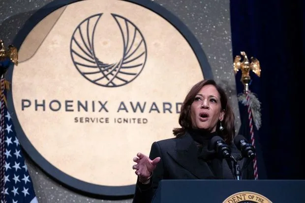 Vice President Kamala Harris speaks during the Phoenix Awards dinner at the Washington Convention Center in Washington, D.C., on Sept. 23, 2023. 