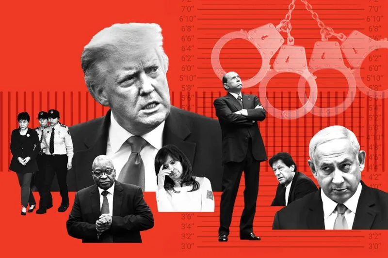 A photo collage illustration shows indicted leaders from around the world including U.S. President Donald Trump, Italian Prime Ministor Silvio Berlusconi, Pakistan Prime Minister Imran Khan, Israel Prime Minister Benjamin Netanyahu, South African President Jacob Zuma, and South Korean President Park Geun-hye. Transparent handcuffs swing in the background against a a tick-mark lineup texture.