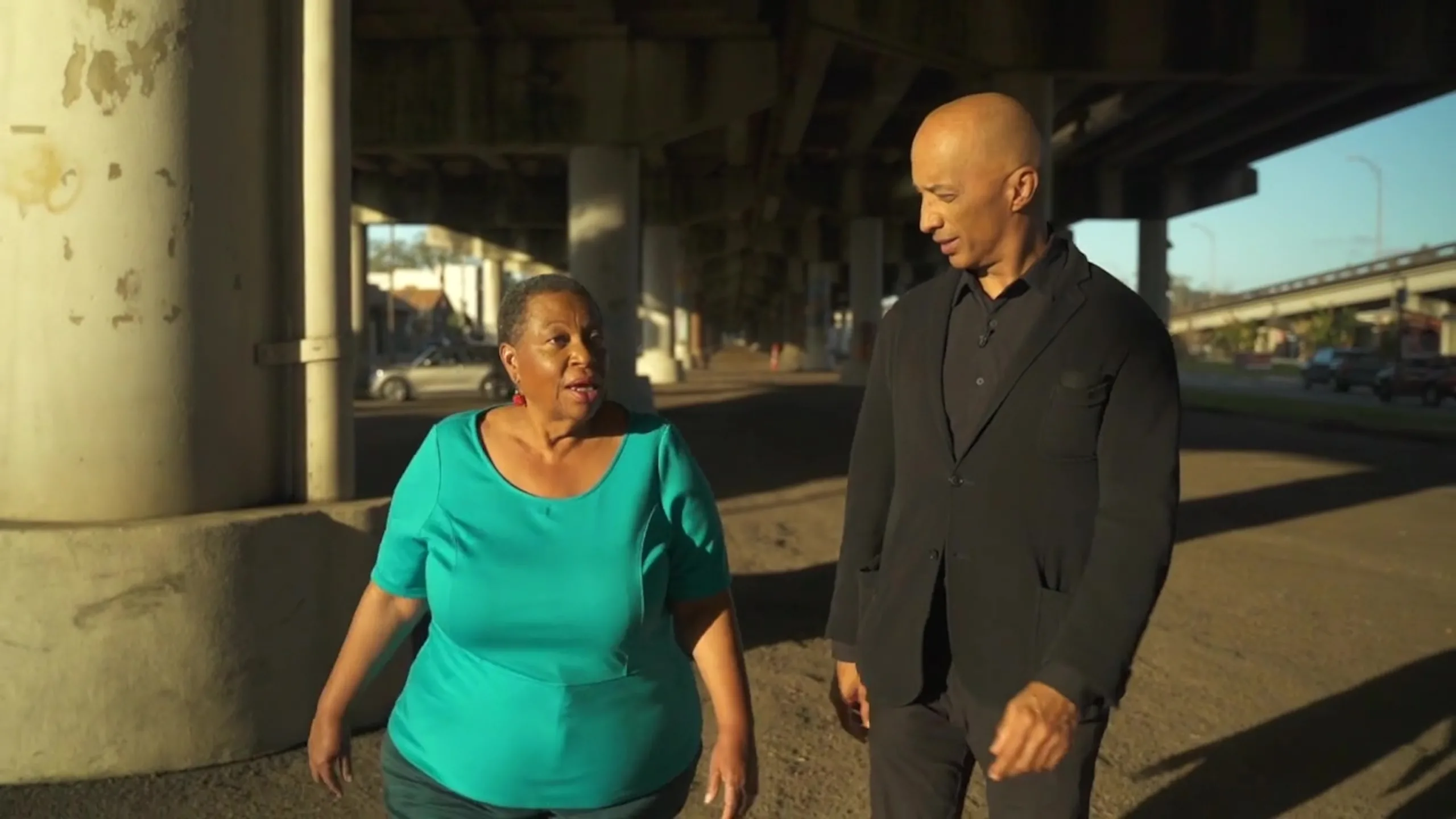 PHOTO: Amy Stelly and Nightline anchor Bryon Pitts walk beneath the Claiborne Avenue Expressway.