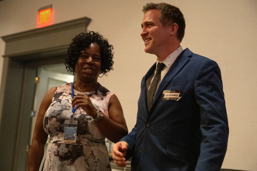 State Sen. Karla May, D-St. Louis, and Lucas Kunce attend the Truman Dinner on Wednesday, Oct. 4, 2023, at the Marriott Grand Hotel in Downtown St. Louis. The two are competing in the 2024 Democratic senate primary, looking to eventually challenge Republican incumbent Josh Hawley. The Democratic National Convention’s 2023 Fall Meeting begins Thursday.