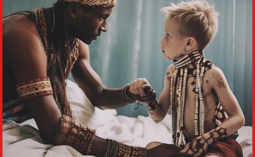 The above image is the only one from the experiment that showed a Black figure tending to a white child. This image was generated by a request  for traditional African healers helping white kids.